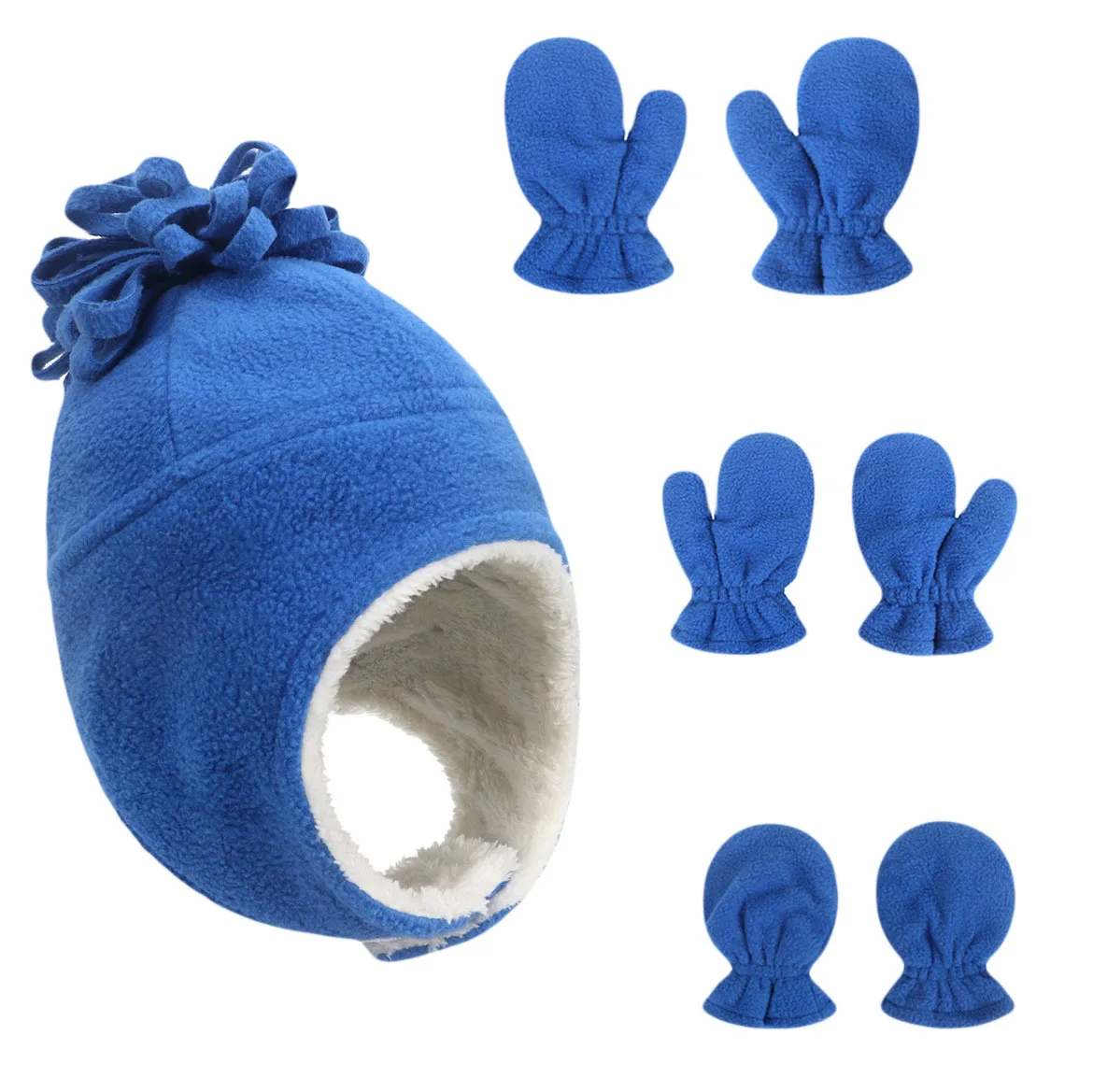 Wholesale assorted colors double-layer Newborn Baby Fleece Hat and gloves set Toddler Infant earflaps winter outdoor beanie hats