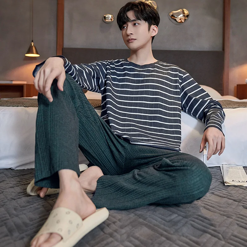 Men Dark Gray Stripe Home Wear Lounge Clothes Long Sleeve Long Pants Pajamas Sets Full Pure Cotton Sleepwear Homewear Housewear