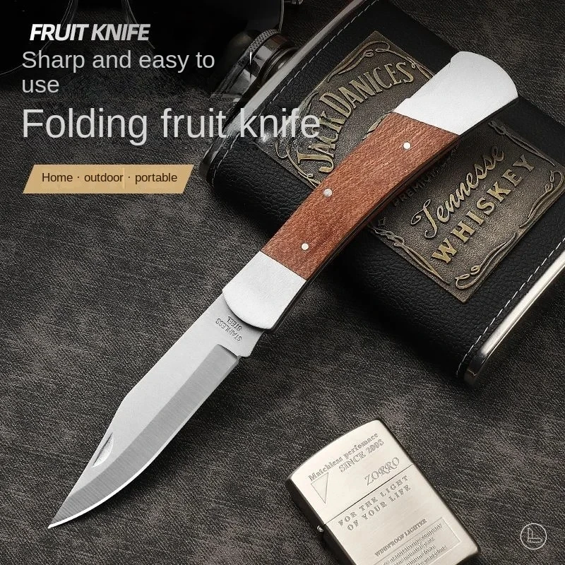 1pc，Household folding fruit knife, outdoor camping small mahogany handle knife, stainless steel portable folding knife