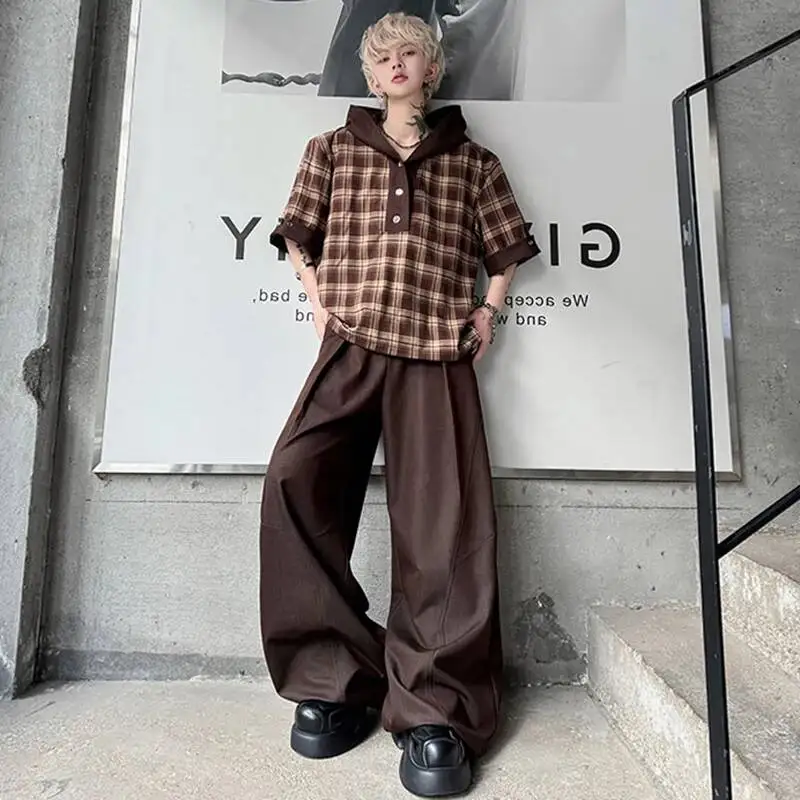 LUZHEN Hooded Streetwear 2025 Short Summer Plaid Sleeve Printed T-shirts Men's Loose Straight Casual Pants Two-piece Sets JY7347