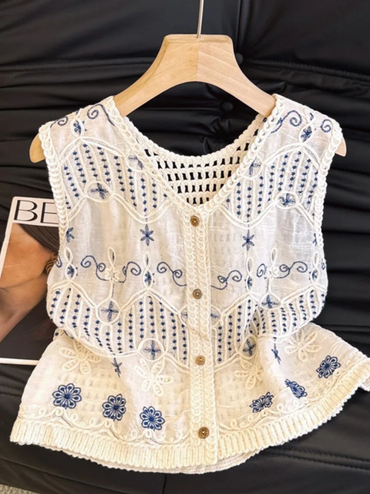 الكورية Sle ort Svel V-Ne محبوك سترة الجوف خارج التطريز الصيف رقيقة ملابس خارجية سترة المرأة Faion
