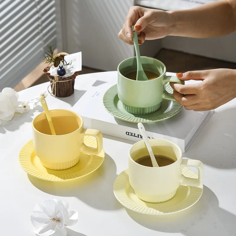 

Korean style ceramic coffee cup and saucer set cream yellow high value flower cup home afternoon tea mug.