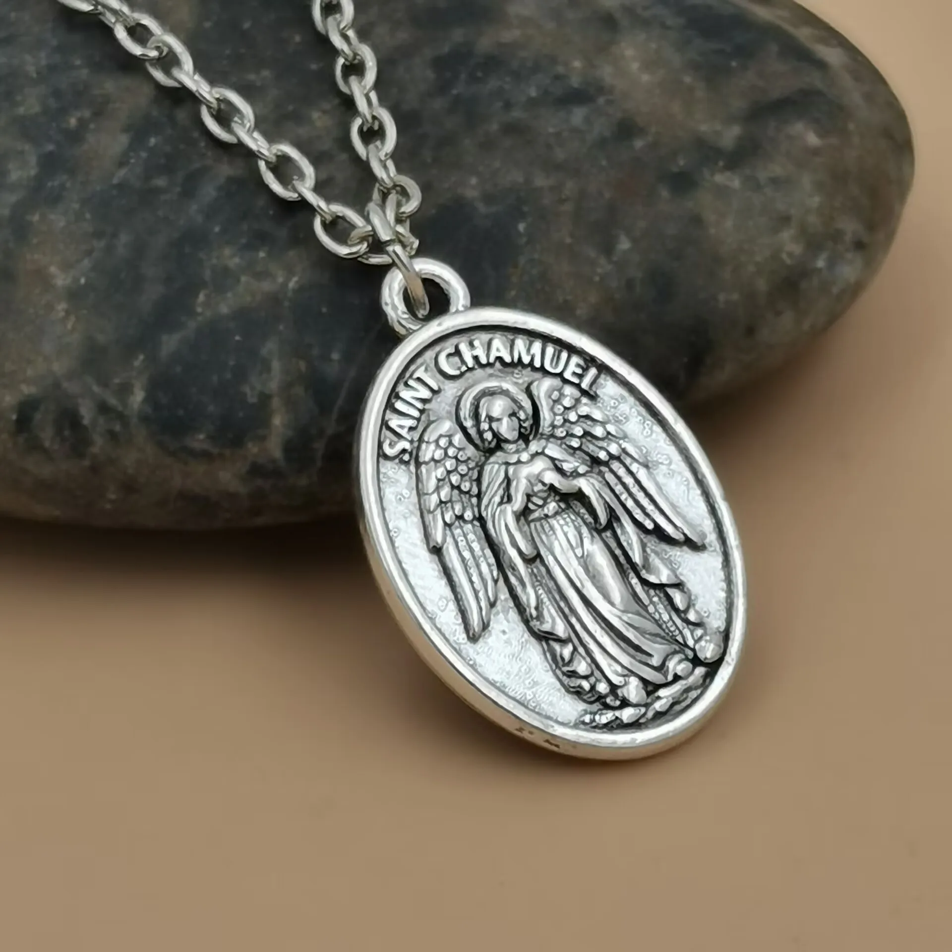 10Pcs Saint Chamuel Archangel Medal Necklace, Vintage Silver Religious Guardian Pendant for Men Women