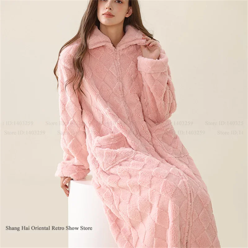 

Autumn Winter Flannel Female Long Robe Nightgown Zipper High Neck Nightdress Sleepwear Warm Thick Coral Fleece Couple Homewear