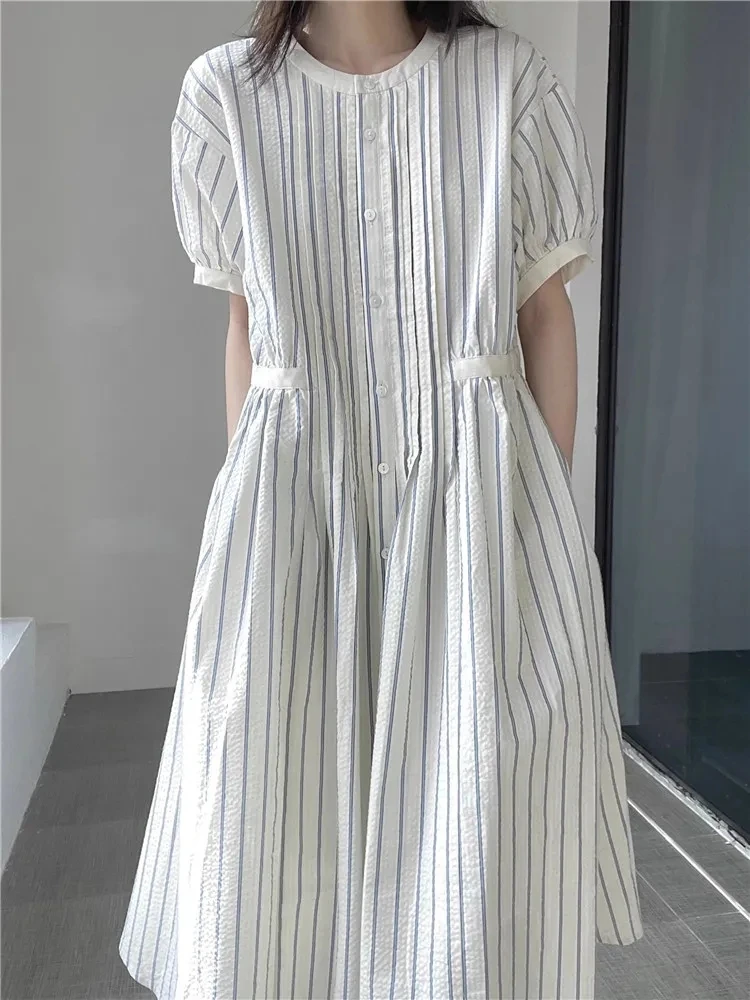plus Size 2300 Pou Gentle Wind Striped ort Sve Dr Women Summer Fat MM Loose Personali irt Long Dr
