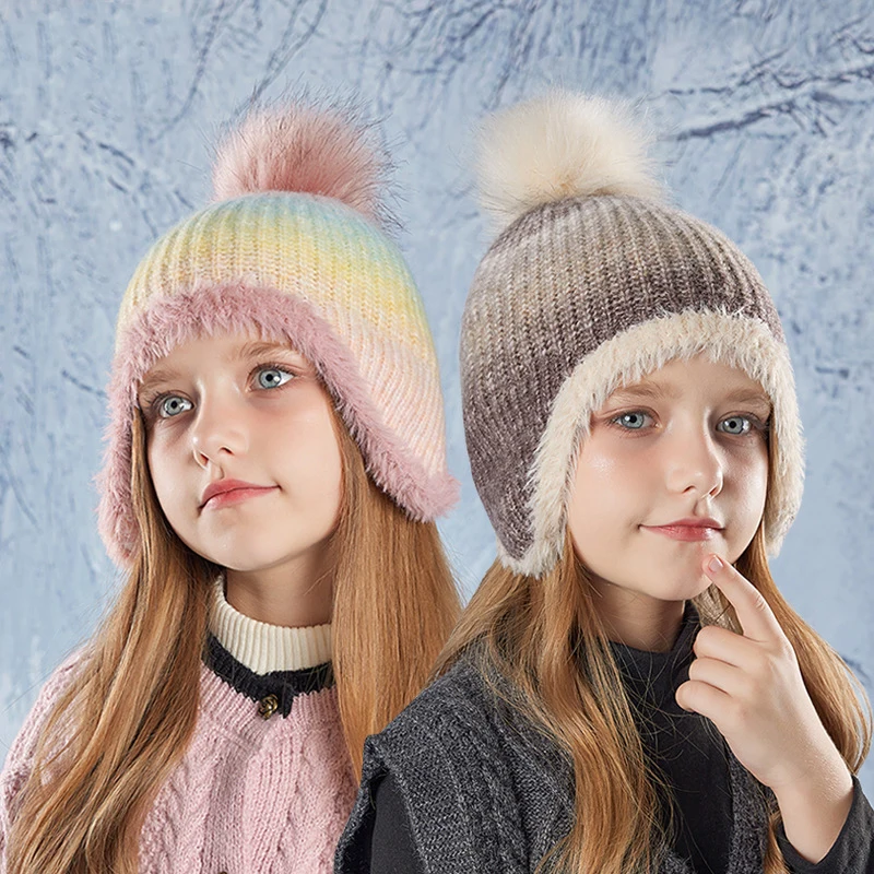 Colorful Kids Hats Winter Earflap Beanie Hat Bucket Cap Boy Plush Ball Pullover Caps Girls Outdoor Plus Velvet Warm Knitted Hats