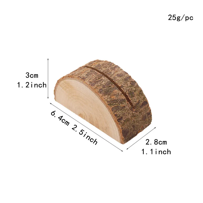 1 pz/lotto Porta carte in legno semicircolare naturale Ceppo di legno Porta carte per festa di nozze Supporto per menu da scrivania Clip per foto