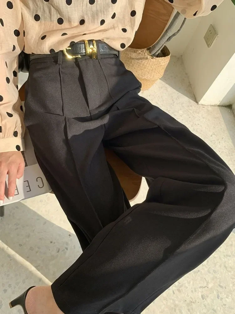 Pantalones lisos de cintura alta para mujer, pantalón holgado de pierna ancha, moda coreana, recto, traje de calle