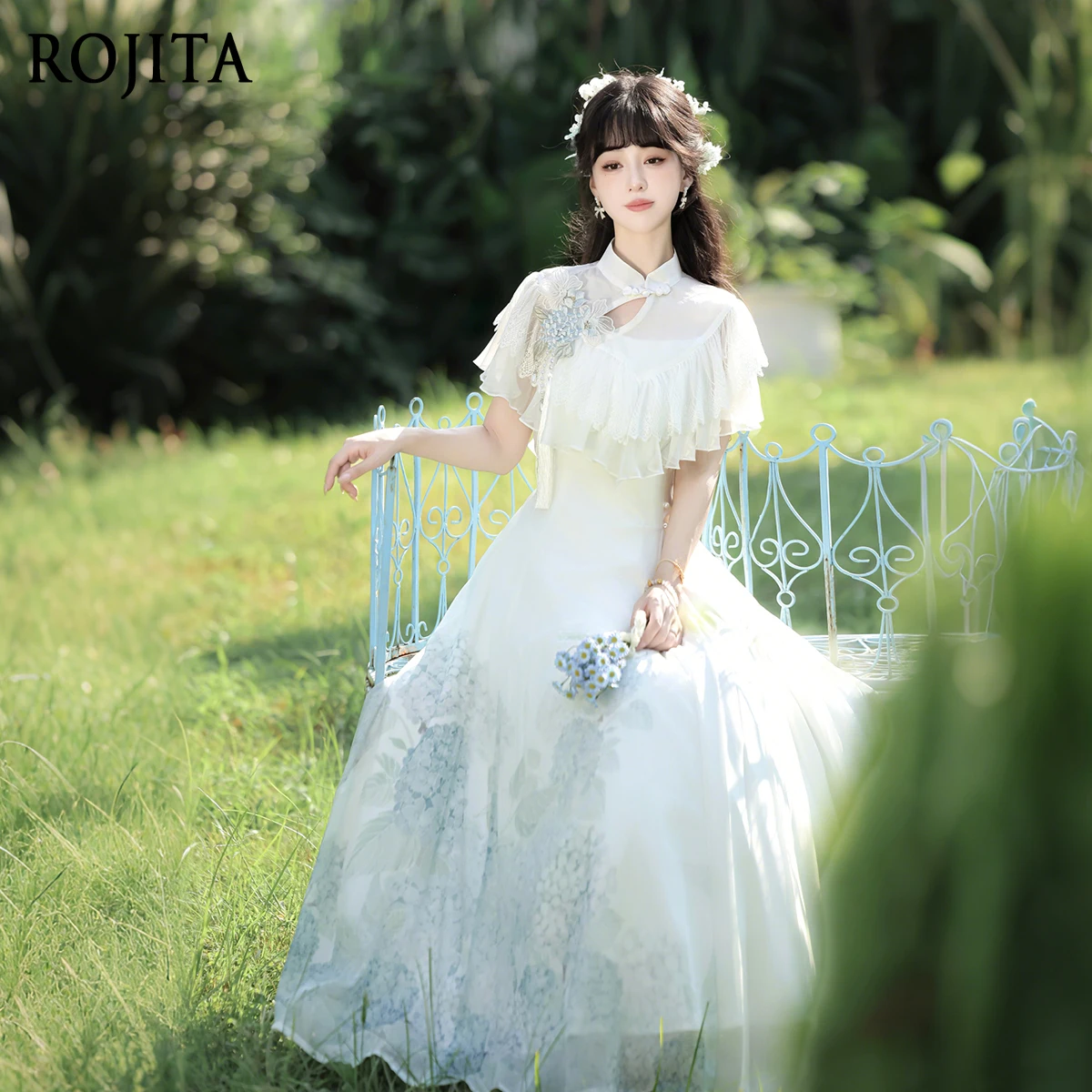 

Summer Chiffon Dress for Women Vintage Embroidered Pendant Short Sleeve Elegant Lolita Dress Summer Long Strap Dress and Shawl