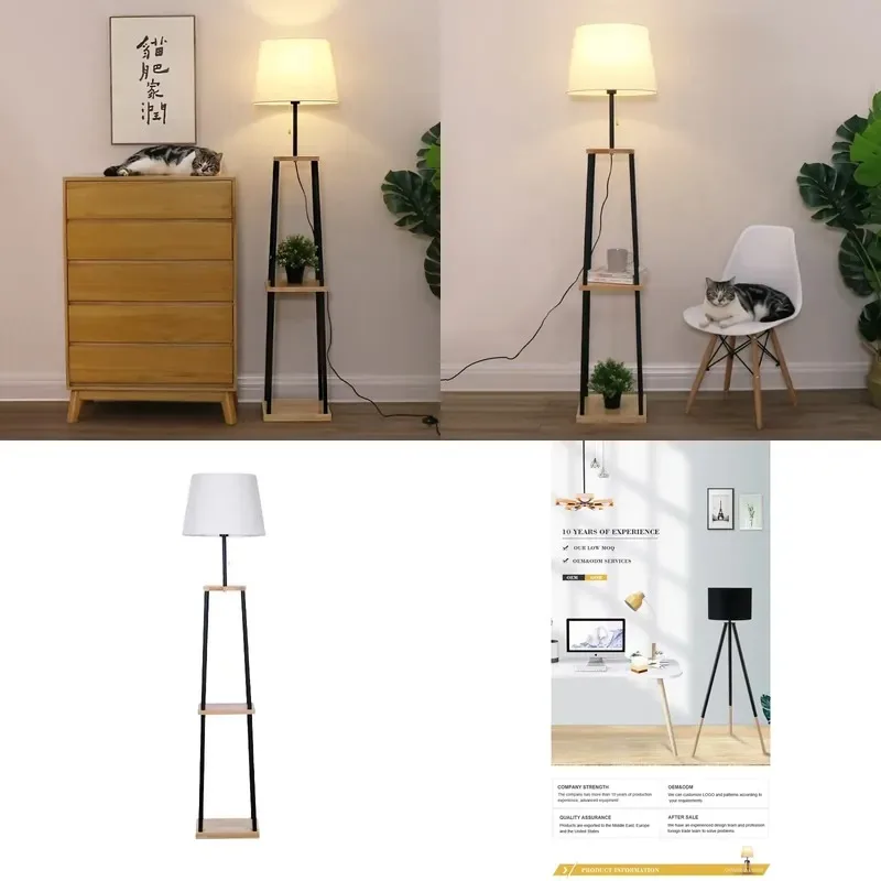 Nordic Style Modern LED Wooden Floor Lamp with Side Table Light Colored Standing Lamp for Living Room Hotel Home Decor
