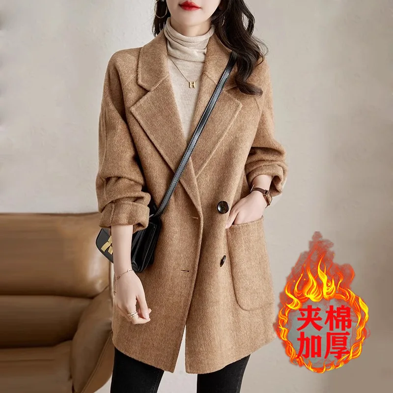 

Casual Mid-Length Korean Style Polyester Fabric Checkered Pattern Long Sleeve 2025 Autumn Winter Women's Pink Woolen Coat