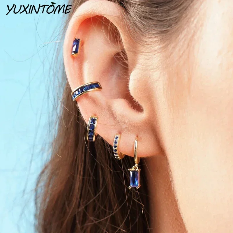 925 Sterling Silver Needle Mysterious Blue Series Small Hoop Earrings for Women 24K Gold Earrings Trend Jewelry Ear Accessories