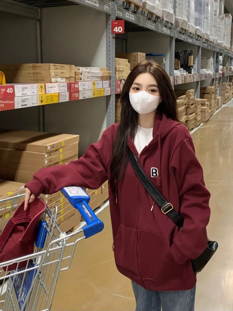 Schwere reine Baumwolle weinroter Kapuzenpullover Jaet Damen locker sitzende Thiened Kapuzenreißverschluss offene Strickjacke Herbst Winter Neu A...