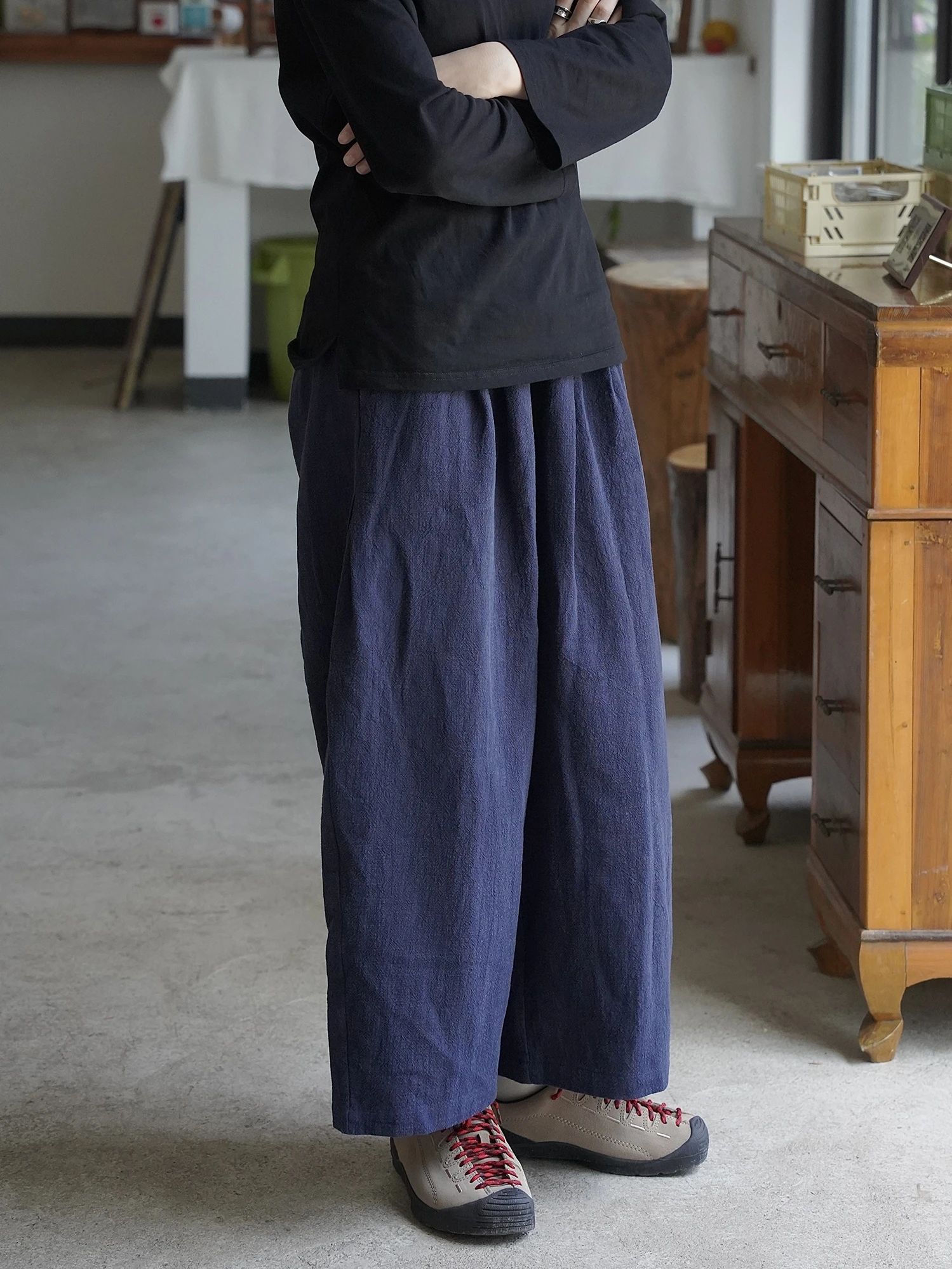 Paracetin Japanese Style Thickened Hemp Pants Women's Loose Wide Leg Nine Points Cotton Linen Trousers Natural Waist Belted