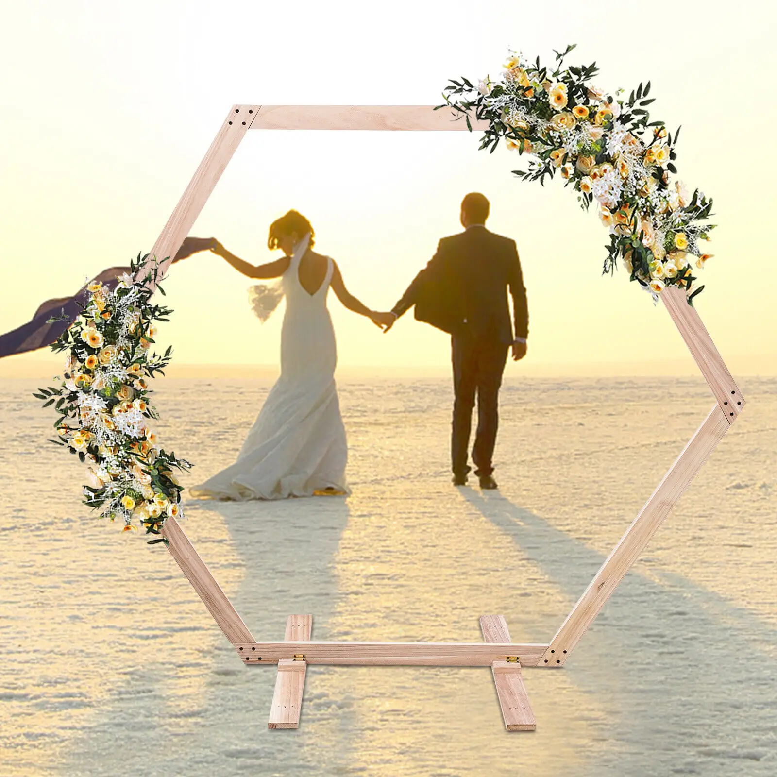 7.4ft Hexagonal Wooden Wedding Ceremony Arch Bridal Party Backdrop Arch Stand Garden Arbor for Outdoor Weddings, Flowers Garland