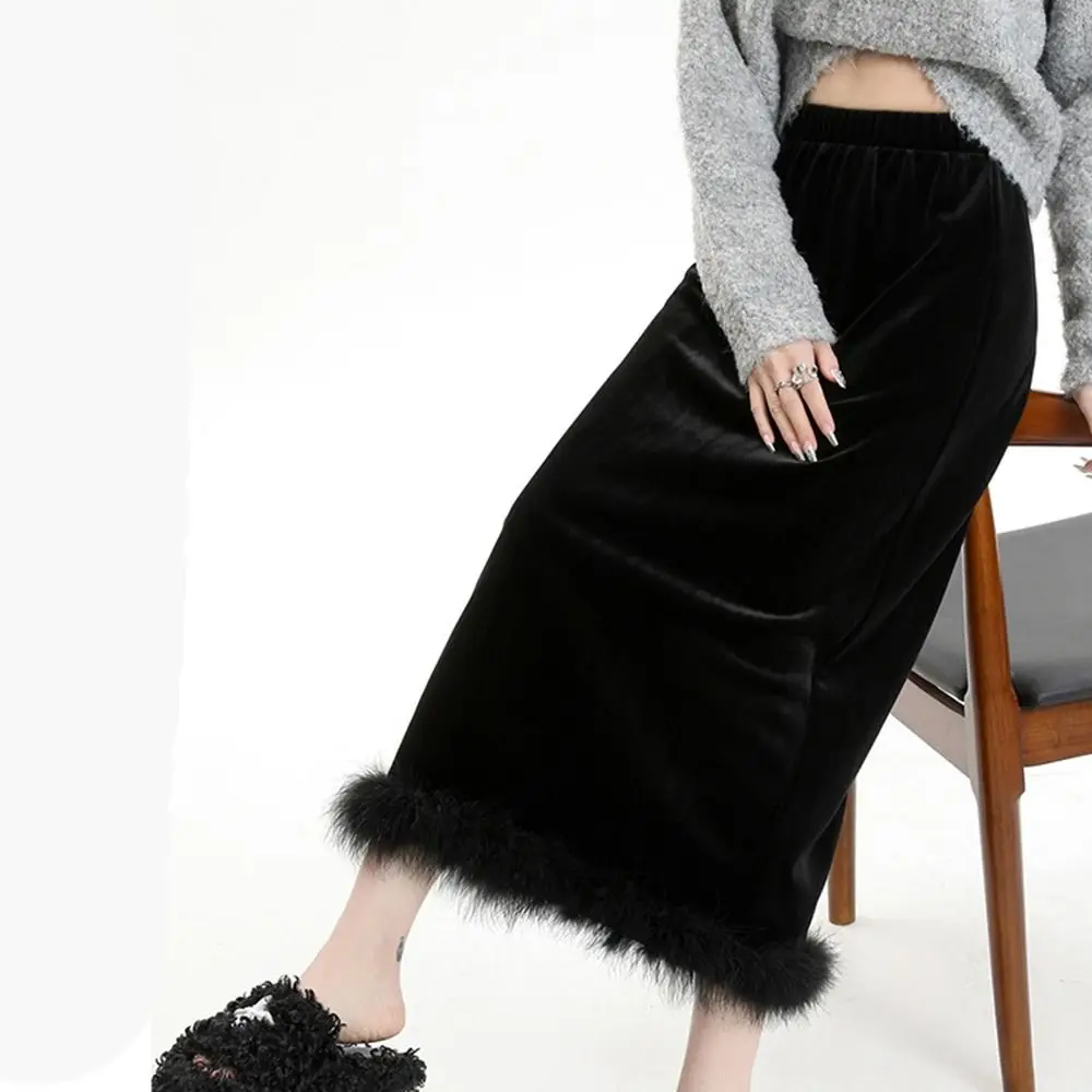 Elegant Hip Wrap Skirt Black Velvet Feather Skirt Underskirt High Waist Long Half Skirt Fishtail Skirt Wedding Dress Wedding