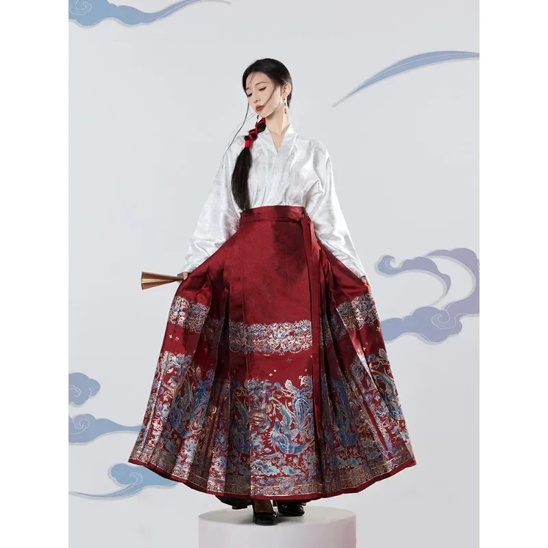 Autumn Improved Satin Jacquard Long Sleeve Top Phoenix Makeup Flower Horse Face Skirt Women Ming Dynasty Chinese Hanfu Dress