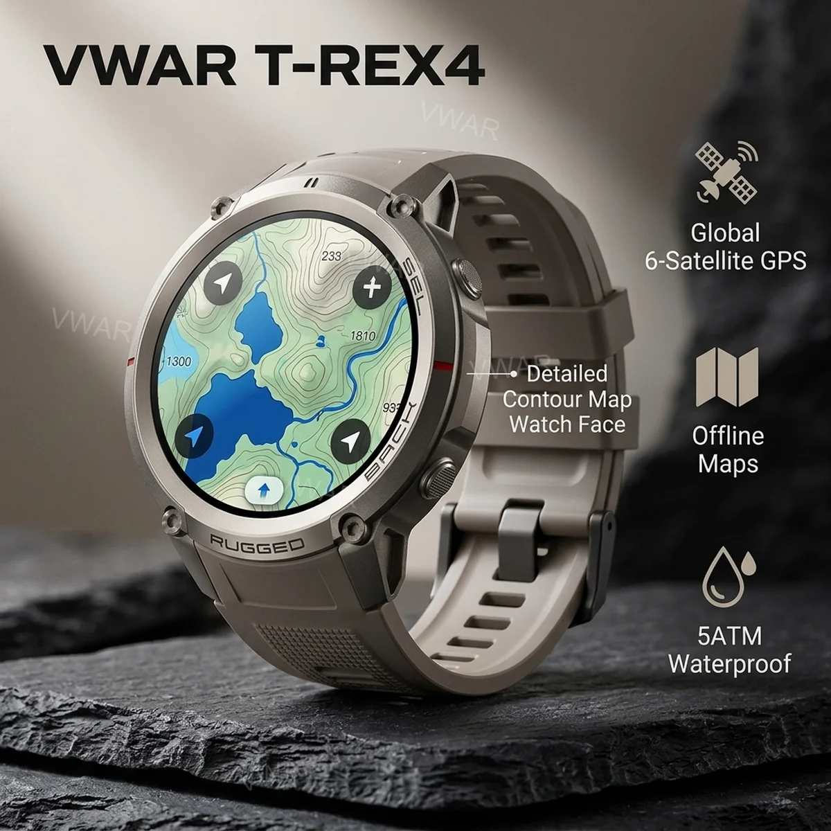 VWAR T-REX 4 Outdoor GPS Offline Map Smart Watch Men 5ATM Waterproof 170+ Sports Compass Altimeter AMOLED BT Call Smartwatch