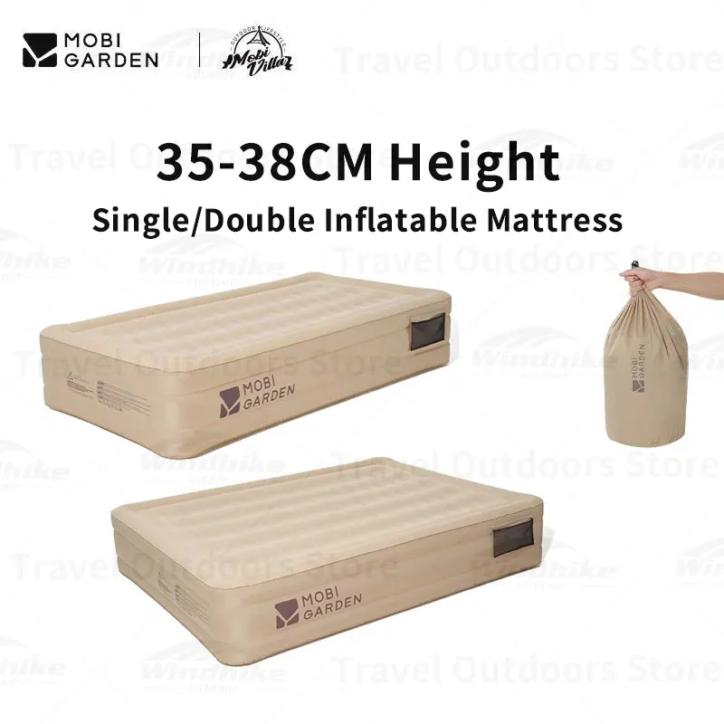 MOBI GARDEN Inflatable Mattress Cushion Pad Single/Double Camping TPU+Peachskin 35-38CM Height Bed Tourist Self with Pump Sofa