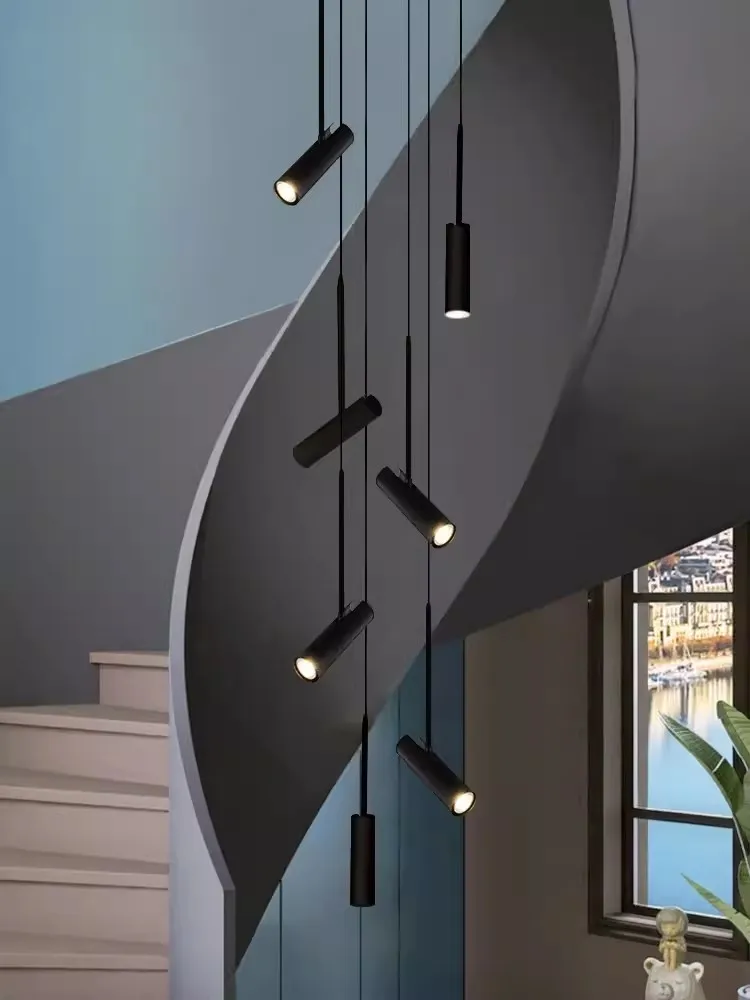 minimalista alto teto luzes pingente escadaria espiral villa stairwell foyer lustre longo cabo suspenso holofotes 01