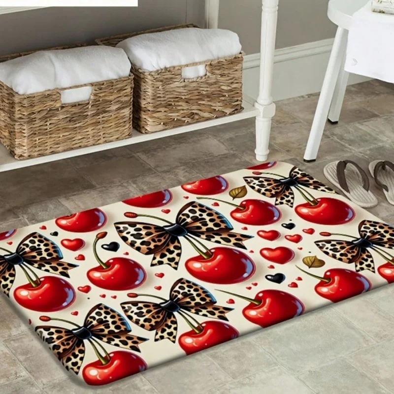 Vintage Chain Frame Leopard Bow Cherry Doormat Retro Floral Black Background Entry Mat