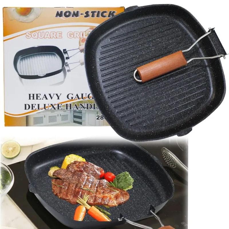 Outdoor Household Folding Steak Pan Striped Flat Pan Frying Pan Induction Cooker Dedicated for Frying Steaks Non-stick Pan