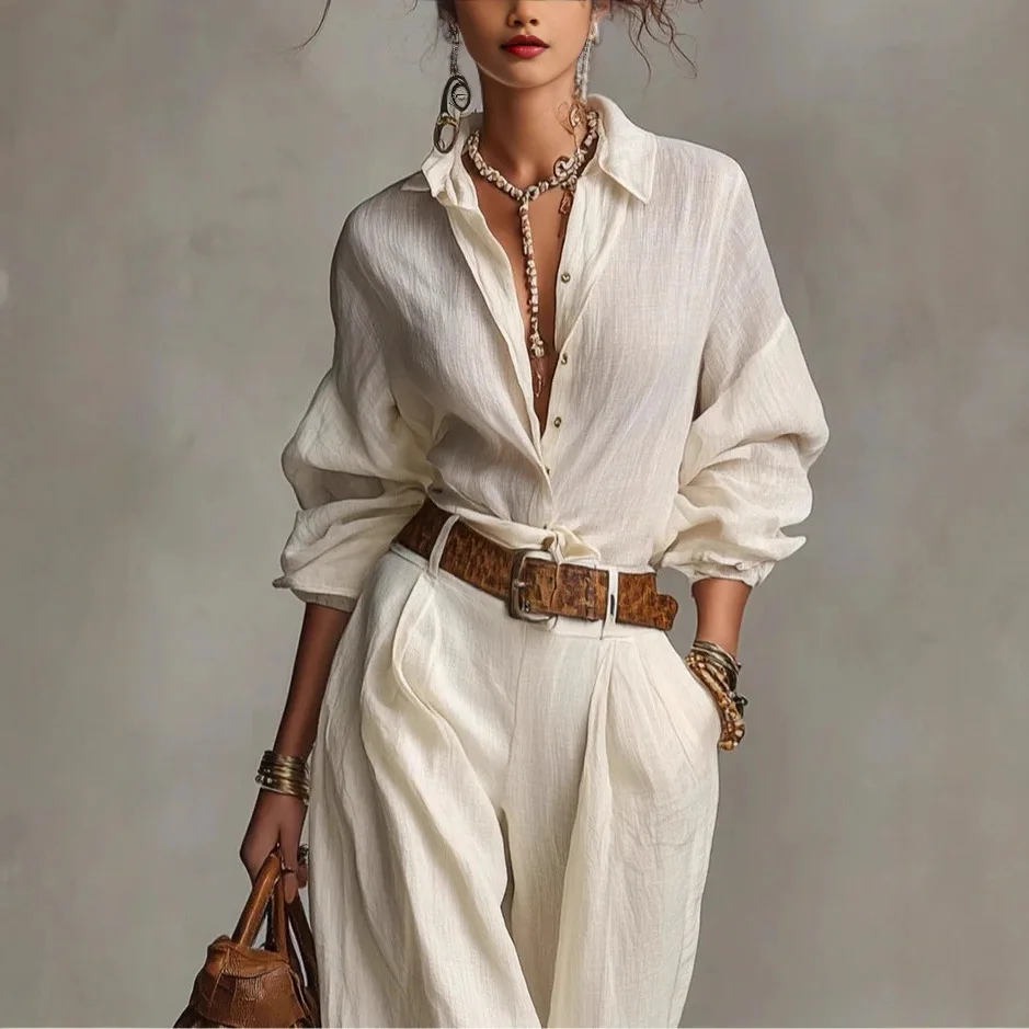 

2026 Women's Solid Color Linen Two Piece Set Button Down Shirt And High Waisted Wide Leg Pants Casual Boho Outfit No Belt