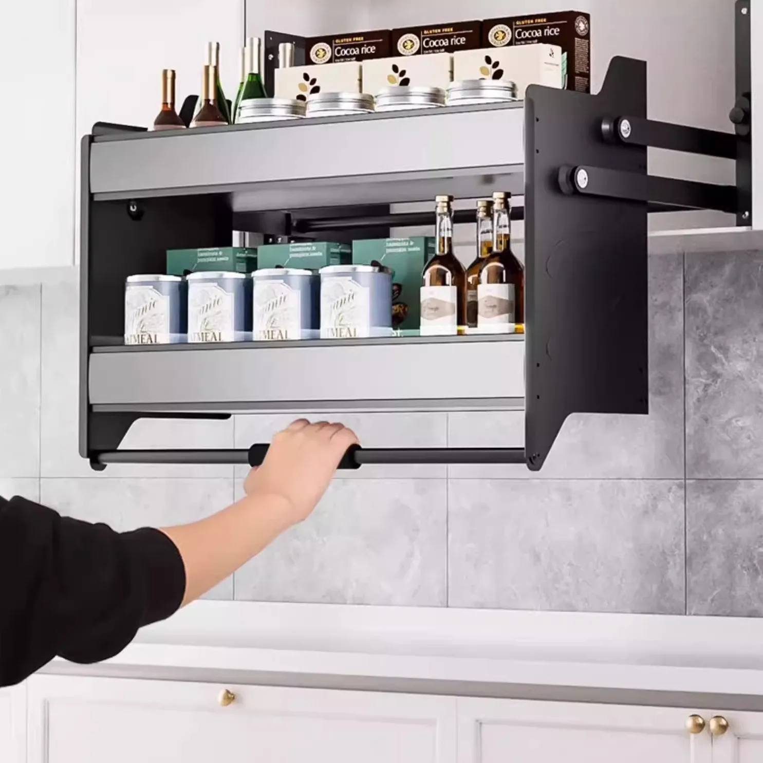 

Hanging cabinet lift up and down telescopic pull basket cabinet kitchen 360 deep seasoning high cabinet storage