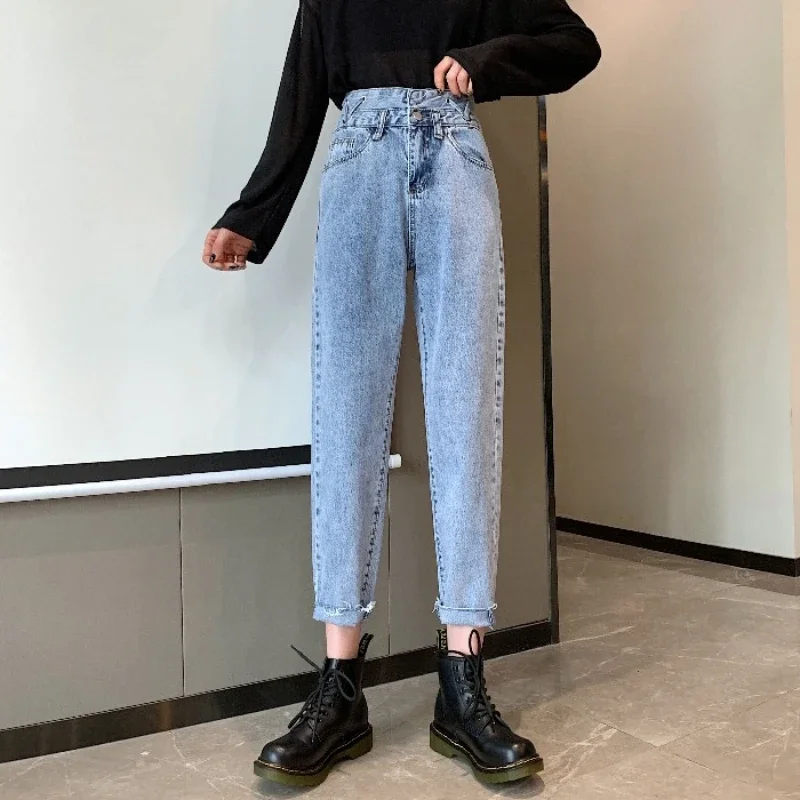 

Early Spring New Korean Retro Loose Jeans Are Thin Versatile High-waisted Trousers Torn Edges and Ankle-length Trousers