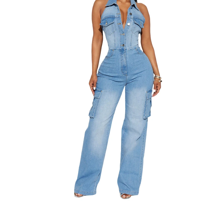 Jumpsuits Women One Piece Denim Turn Down Collar Sleeveless Overalls Slim Fit Wide Leg Long Pants Casual Splice Backless Rompers