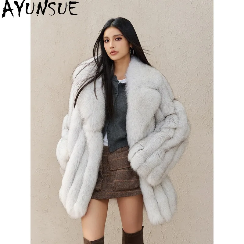 معاطف فرو الثعلب الحقيقي من AYUNSUE للنساء بدلة بياقة وسترة من الفرو معطف فرو عالي الشارع ملابس نسائية فاخرة ملابس شتوية Ropa Mujer