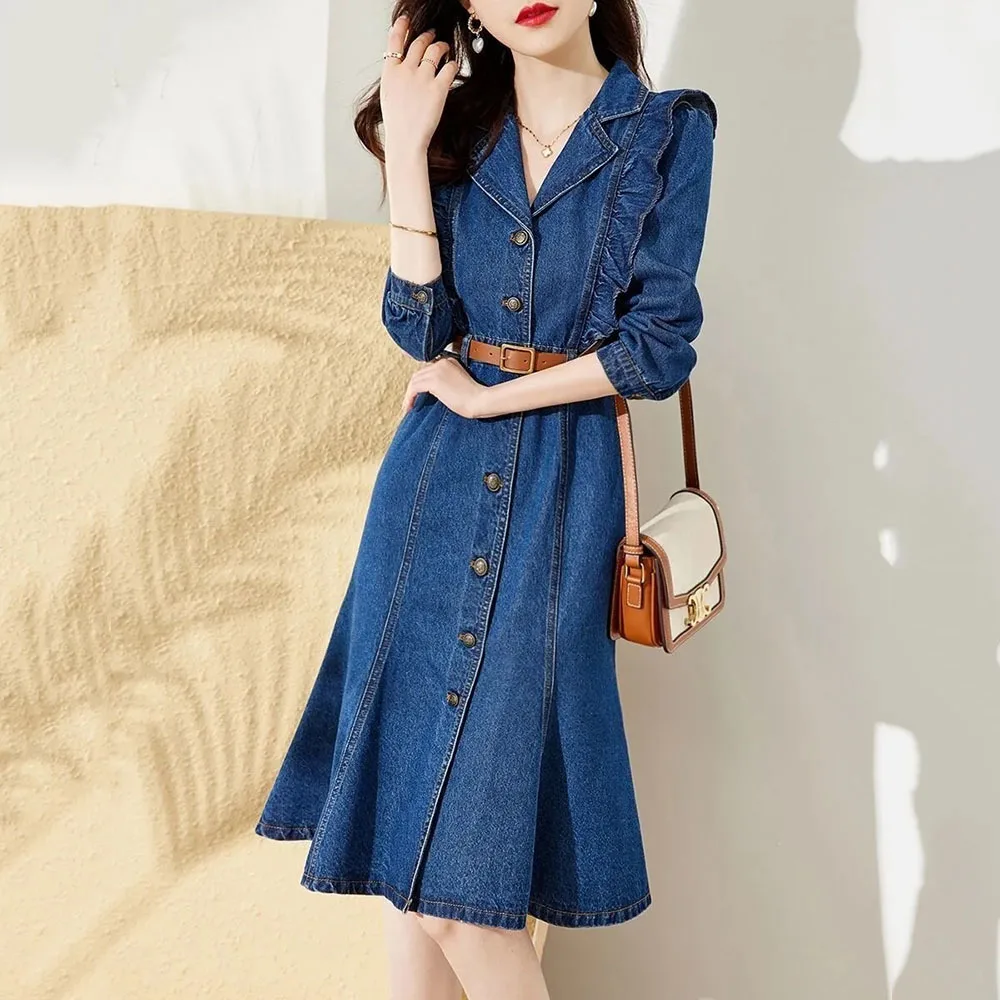 Autunno New Vintage Ruffles abito in Denim a maniche lunghe moda donna al ginocchio Jean abiti donna Casual Vestido Mujer Robe 2022