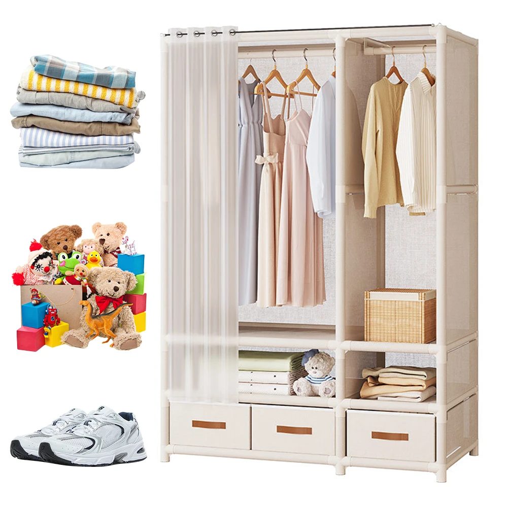 Wardrobe Floor Hanger Storage Clothes Rack Bedroom Open Simple Assembly Storage Cabinet Clothing Closet Organizer with 3 Drawer