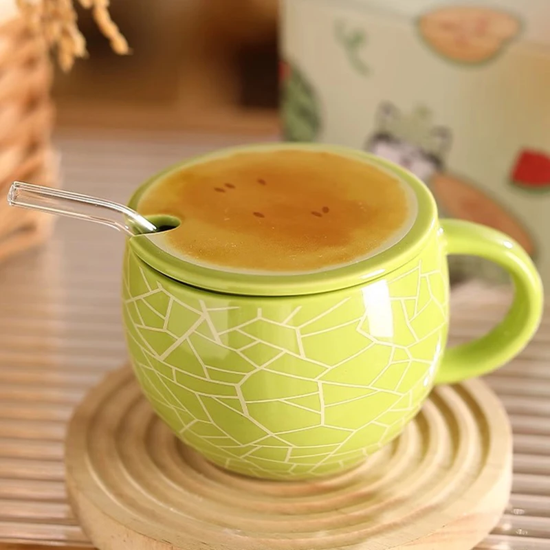 Cartoon Watermelon Ceramic Mugs New Household 450ml Creative Handle Cup with Straw Large Capacity Good-looking Office Water Cup