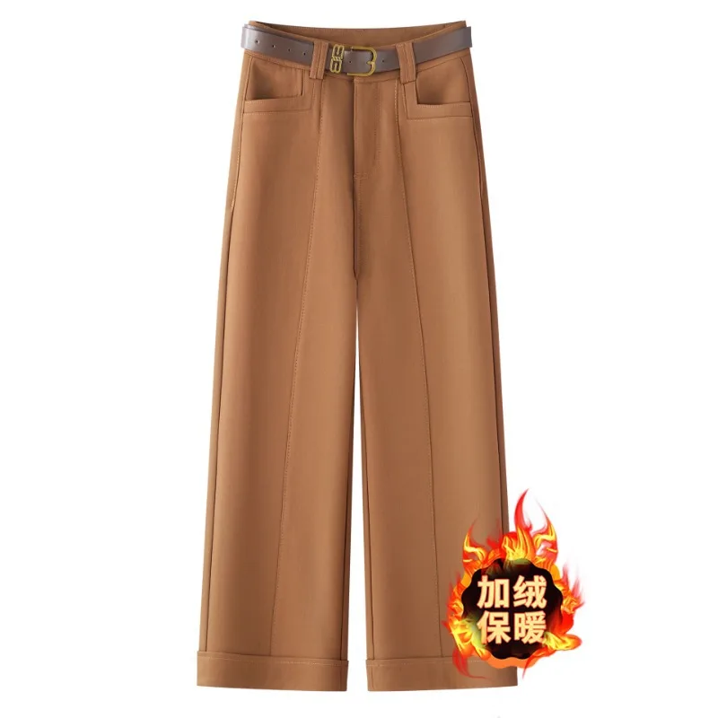 

Brown Jeans for Women Winter Fleece-Lined Thickened Warm Hip-Covering Petite Straight-Leg Cropped Pants