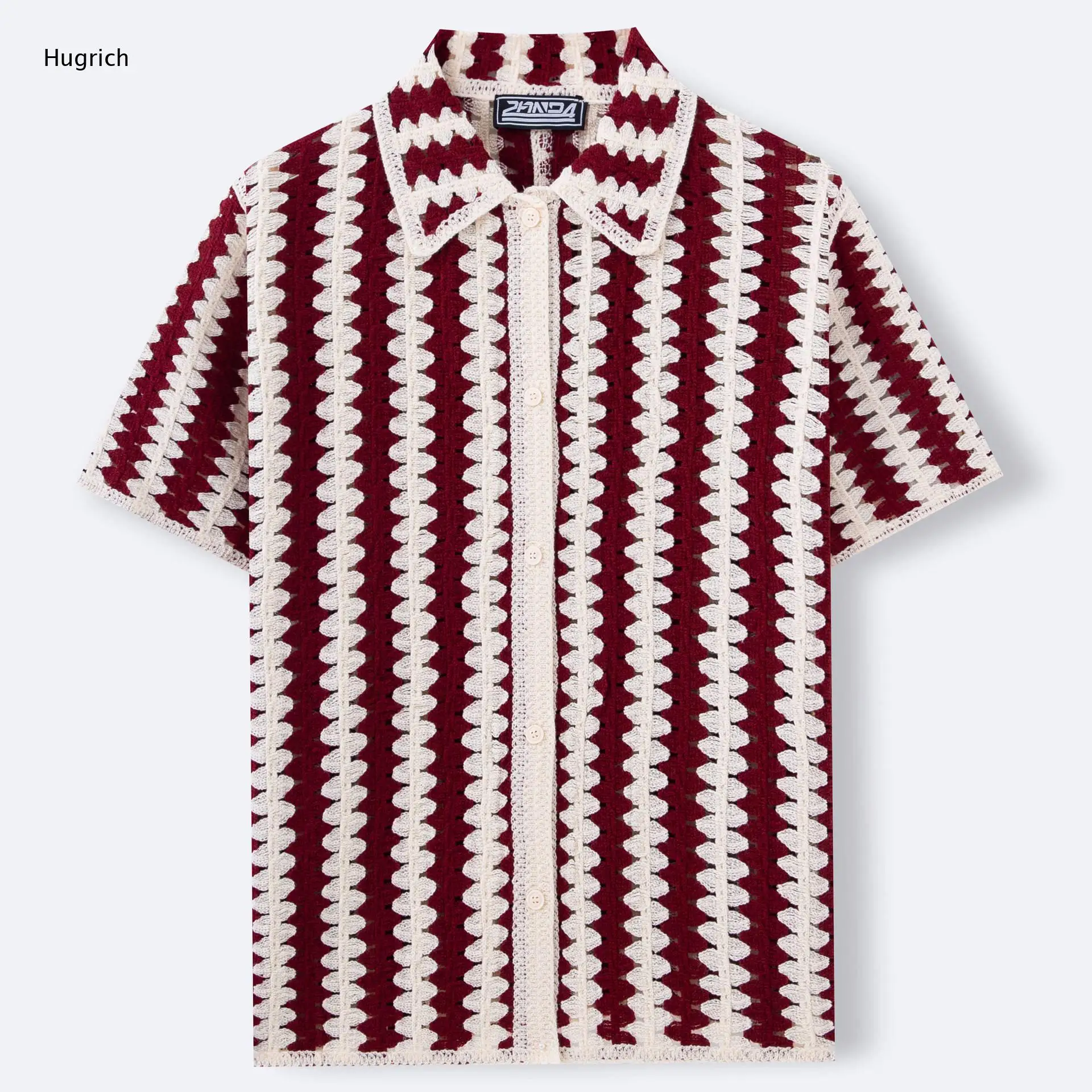 Men's Breathable All-Over Chevron Openwork Crochet Camp Collar Short Sleeve Shirt