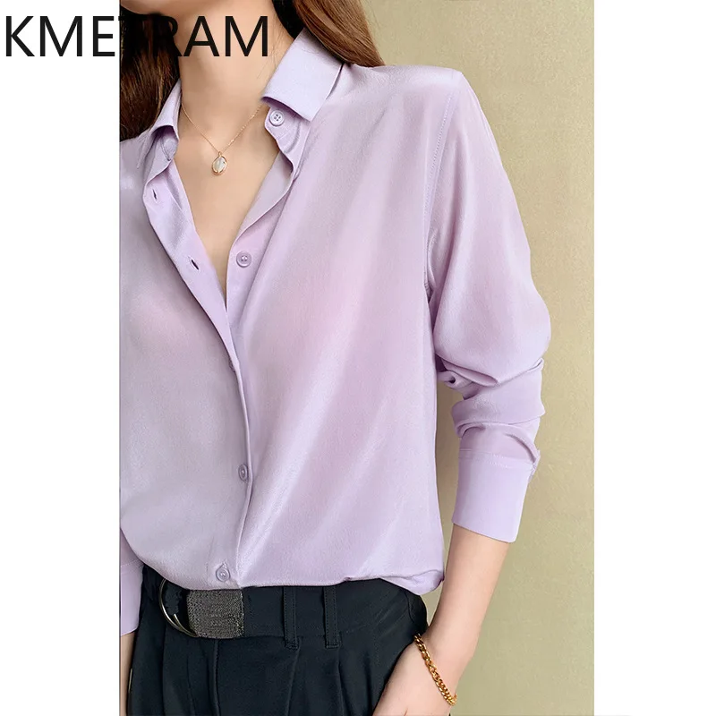 

KMETRAM 100% Mulberry Silk Blouse Woman Solid Summer Tops for Woman Clothes High Quality Shirts Woman Tops Femme 2025 Spring