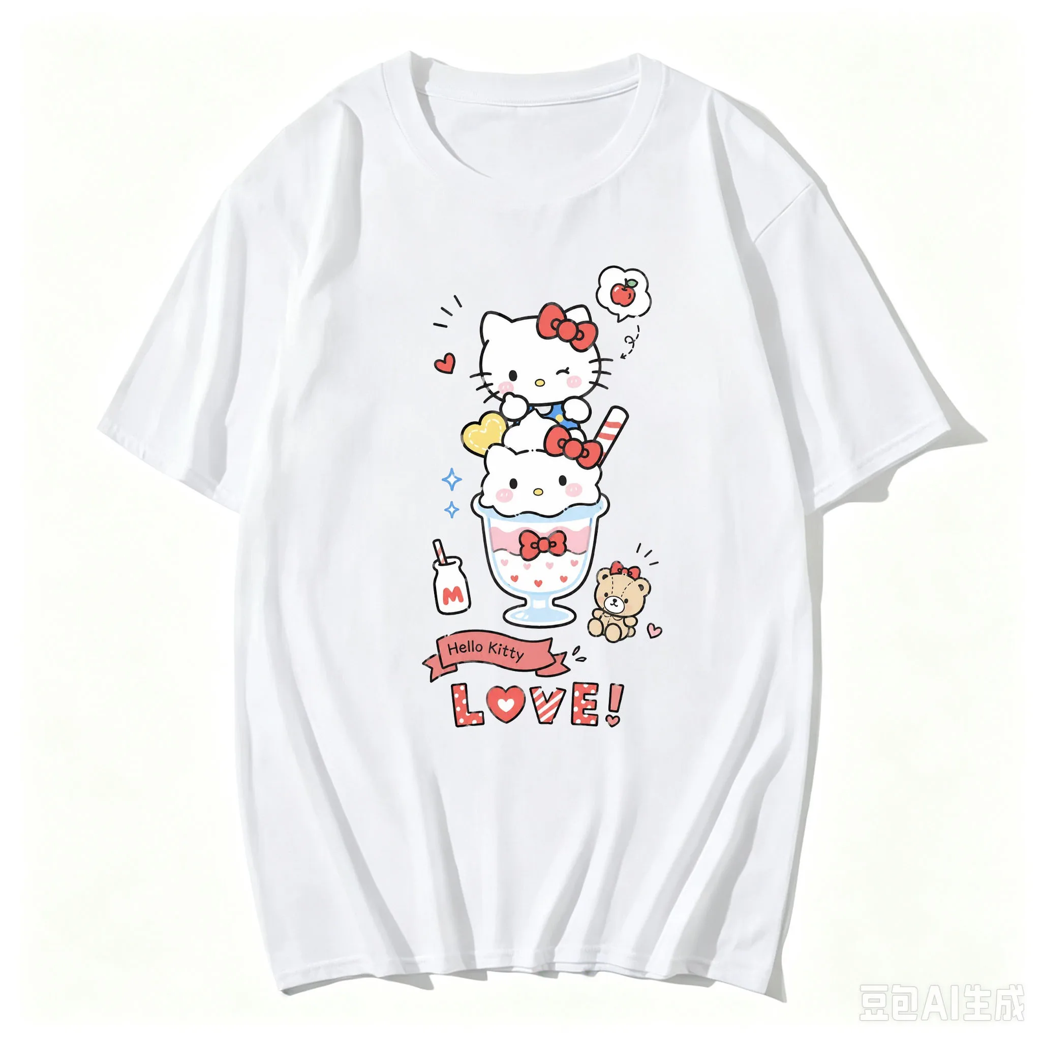 Cute Kitty Cat Ice Cream Print Short-Sleeve T-Shirt, Fashionable Pure Cotton Casual Top, Women's Clothing, Girls' Apparel