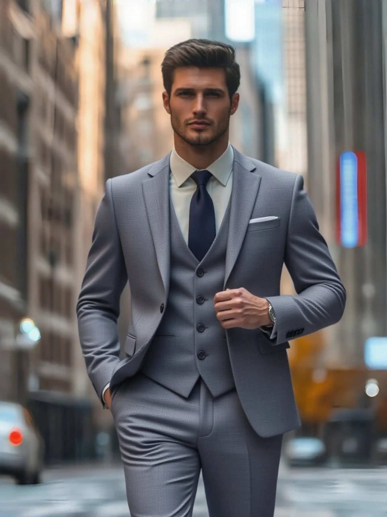 

Men's Trendy Solid Suit Set 3-Piece Single Breasted Slim Fit Blazer Vest Pants Elegant Wedding Party Office