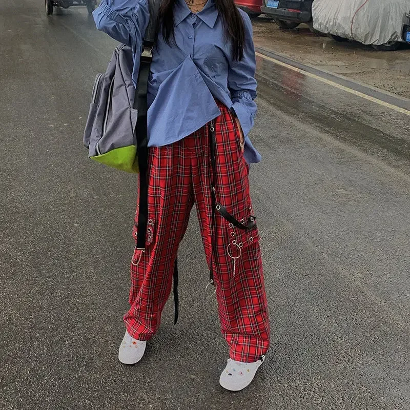 

2025 New Suumer Punk Cargo Plaid Pants Women Gothic Harajuku Red Checkered Wide Leg Trousers for Female Hippie Streetwear Women