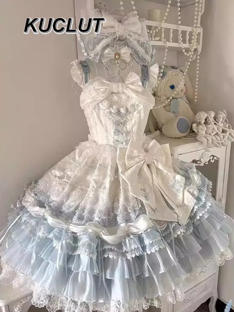 

Elegant Ball Gown Blue and White Girls Lolita Dress Wedding Birthday Sweet and Cute Strap JSK Princess Dresses for Women