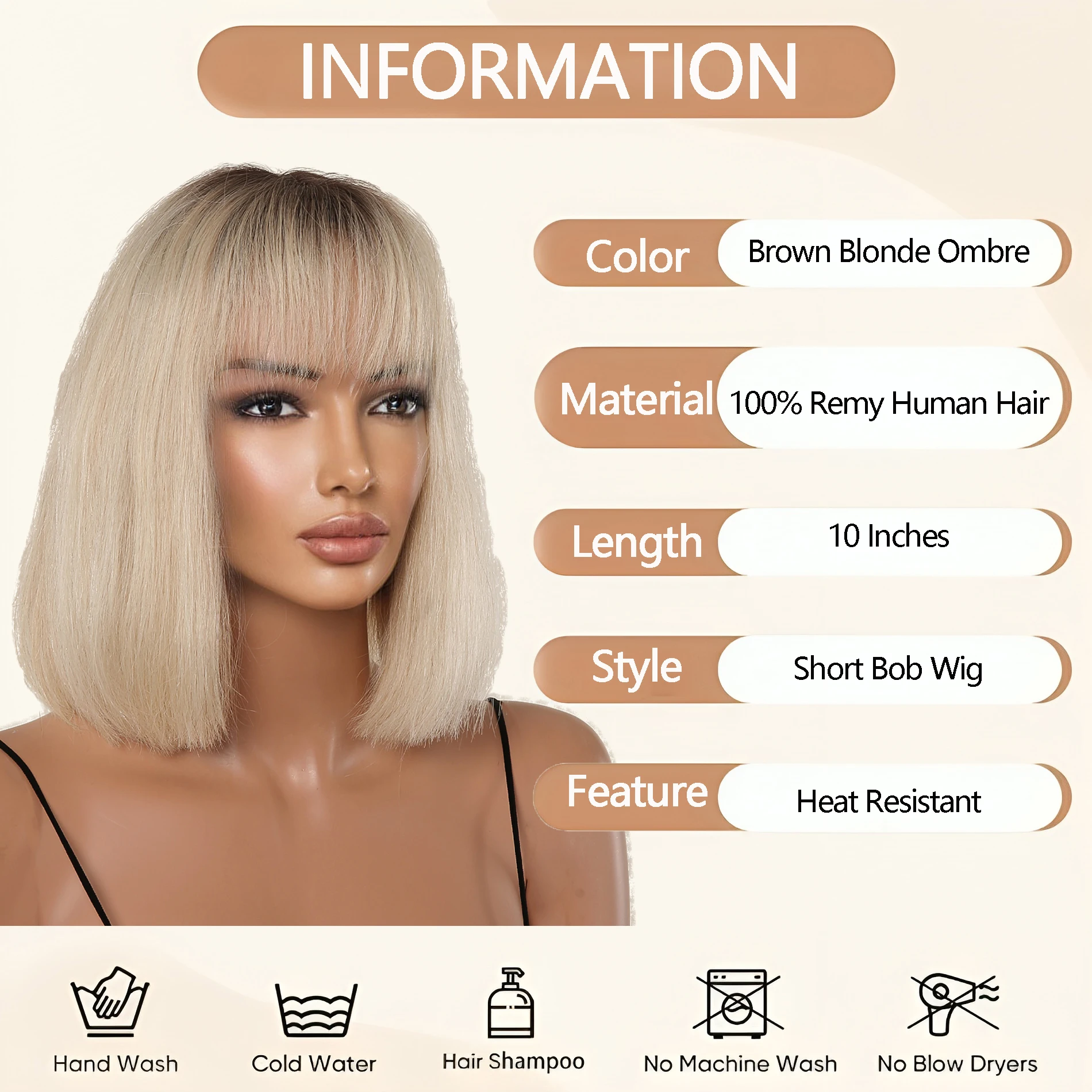 10 inch 100% Remy Human Hair Wigs Platinum Blonde Natural Human Hair Wigs for Women Short Straight with Bangs Blonde Bob Wigs