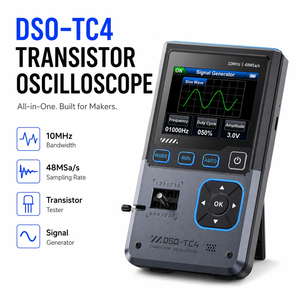 Osciloscópio Portátil FNIRSI DSO-TC4, Largura de Banda de 10MHz, Taxa de Amostragem de 48MSa/s, Testador de Transistores, Osciloscópio Digital DDS
