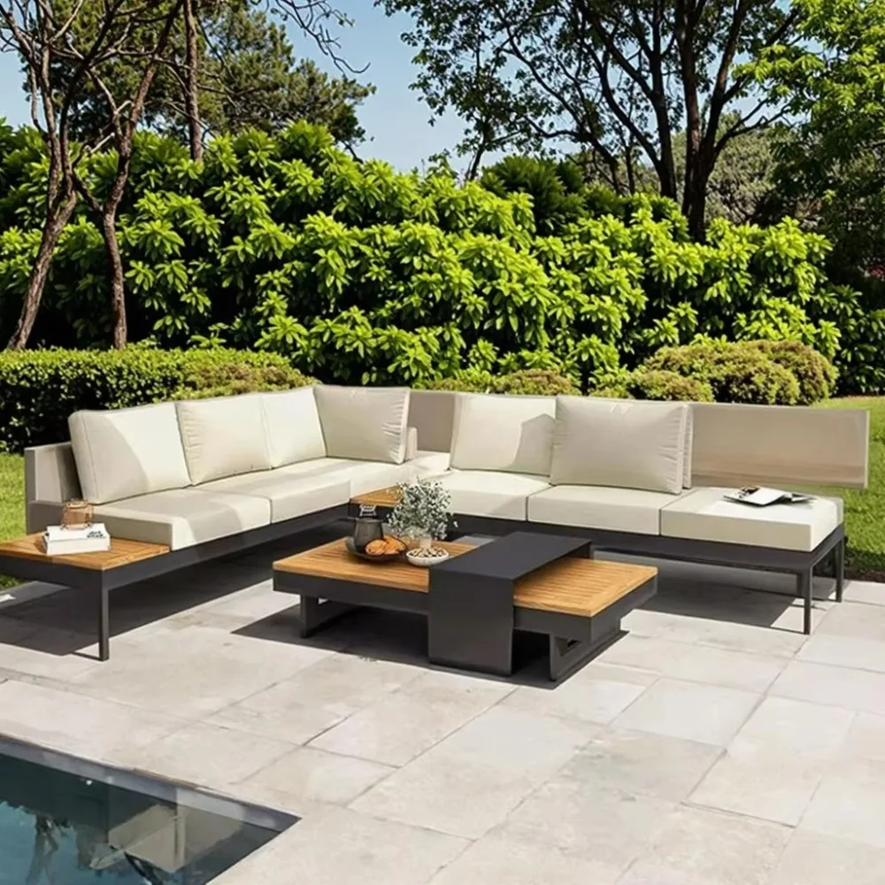 

Hot Selling Hotel Modern Sectional Sofa Set Teak Wooden Furniture Patio Garden Wood Couch Combination Teak Luxury Garden Sofas