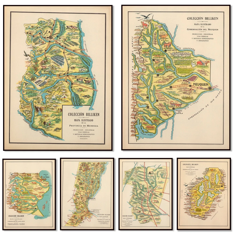 Santa Fe Argentina, Los Andes Argentina, Jujuy Argentina, Neuquén Argentina map, Santa Cruz map, Brazil vintage map poster