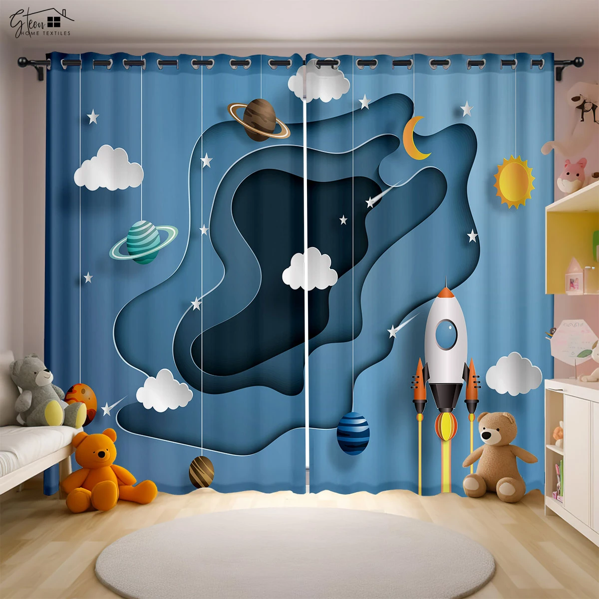 

Cartoon Universe Curtains Spaceman Astronaut Spaceship Rocket Planet Bedroom Living Room Children's Room 3D Printing Curtains