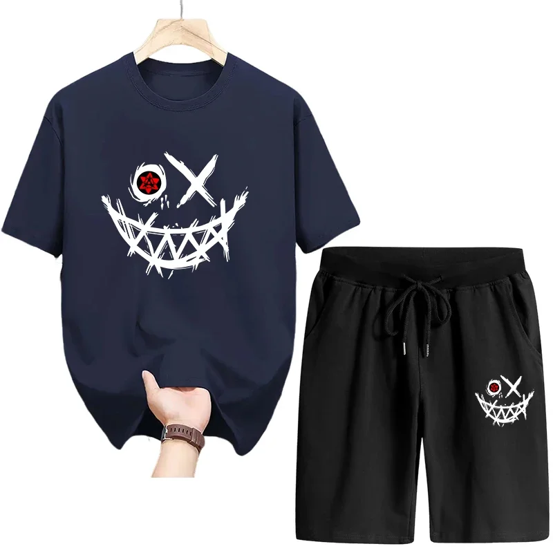 

Мужской спортивный костюм с принтом, лето 2026, качественный, модный, повседневный, с футболкой из чистого хлопка с коротким рукавом и спортивными шортами-бриджами