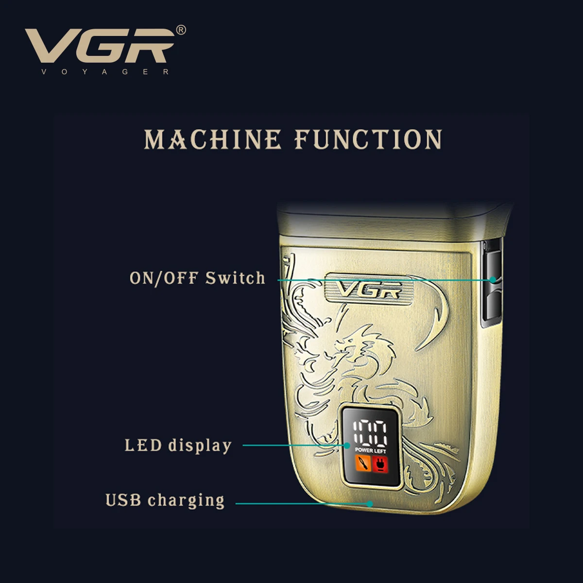 Vgr barbeador de metal retrô com três lâminas, limpeza profunda, corpo em relevo, aparador de cabelo digital inteligente, clareamento de cabelo