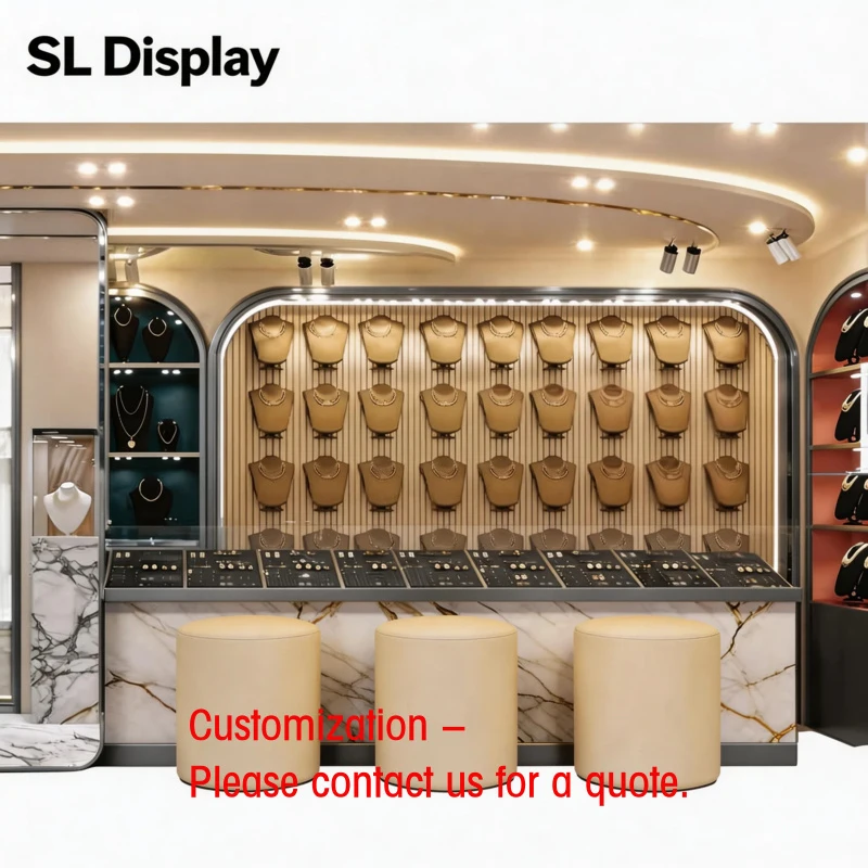 custom.Luxury Gold Jewelry Display Cabinet with Pedestal and LED Lighting-Customizable Size & Color Jewelry Wall Unit Showcases