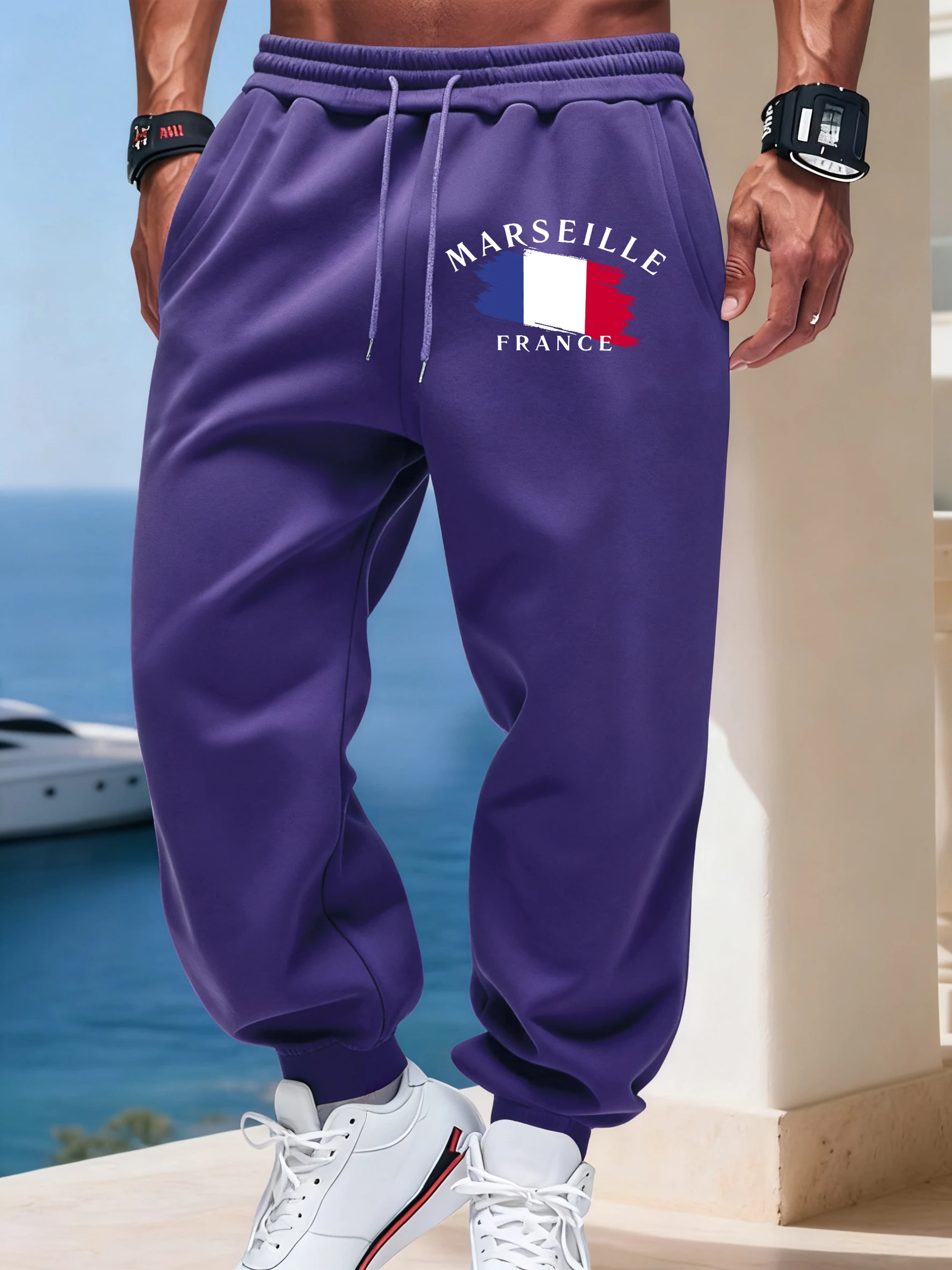 

Marseille France Flag Prints Long Pants Man'S Warm Fleece Sweatpants 11 Colors Sport Trousers Joggers Drawstring Sportpants
